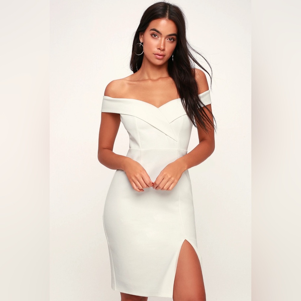 NWT Lulus Classic Glam White Off-the-Shoulder High Slit Bodycon Dress Size L